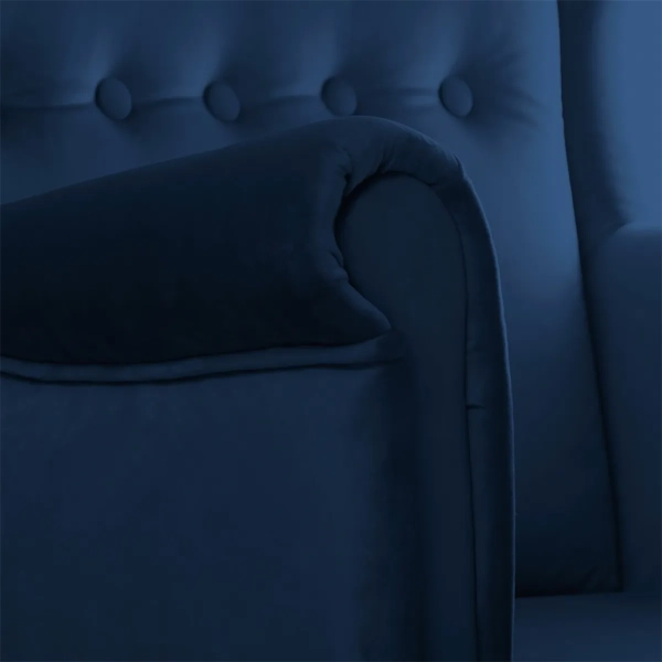 FOTEL USZAK Z GRANATOWEGO WELURU DO SALONU NA DREWNIANYCH NOGACH - PIKOWANE OPARCIE